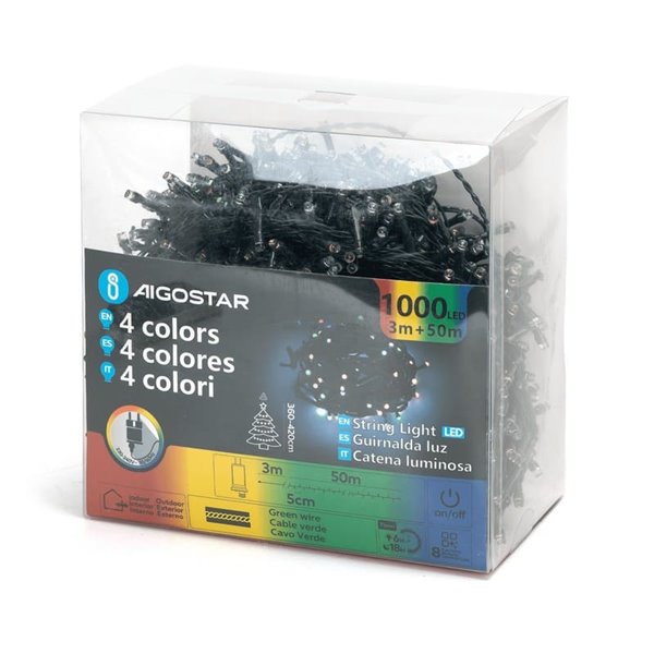 Guirnalda de 1000 luces LED de colores 50m bajo voltaje, RGBY, 8 funciones+mem+temp, interior/exterior IP44