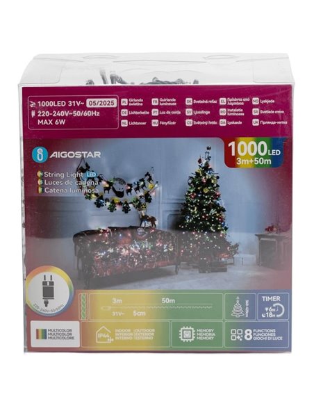 Guirnalda de 1000 luces LED de colores 50m bajo voltaje, RGBY, 8 funciones+mem+temp, interior/exterior IP44