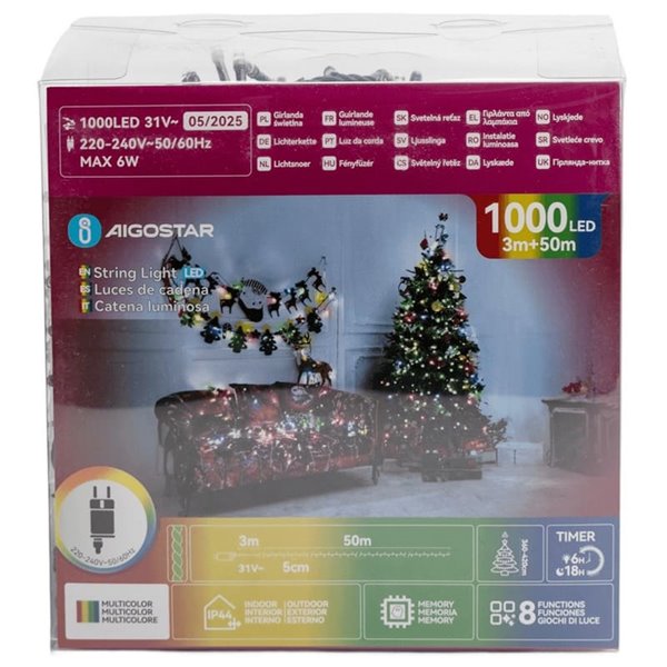 Guirnalda de 1000 luces LED de colores 50m bajo voltaje, RGBY, 8 funciones+mem+temp, interior/exterior IP44