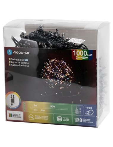 Guirlande lumineuse de 1000 LED, 50 m, basse tension, RGBY, 8 fonctions + mémoire + température, intérieur/extérieur IP44