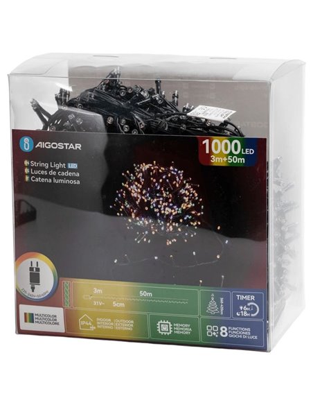 Guirnalda de 1000 luces LED de colores 50m bajo voltaje, RGBY, 8 funciones+mem+temp, interior/exterior IP44