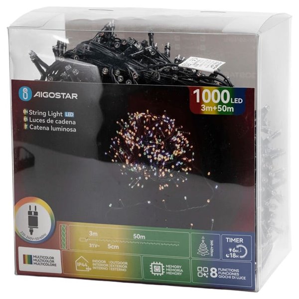 Guirnalda de 1000 luces LED de colores 50m bajo voltaje, RGBY, 8 funciones+mem+temp, interior/exterior IP44