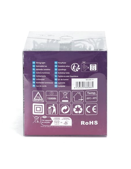 Cordão de luzes LED com 600 LEDs, 30m, baixa tensão, RGBY, 8 funções + memória + temperatura, IP44 para uso interno/externo