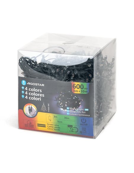 Guirlande lumineuse 600 LED, 30 m, basse tension, RGBY, 8 fonctions + mémoire + température, intérieur/extérieur IP44