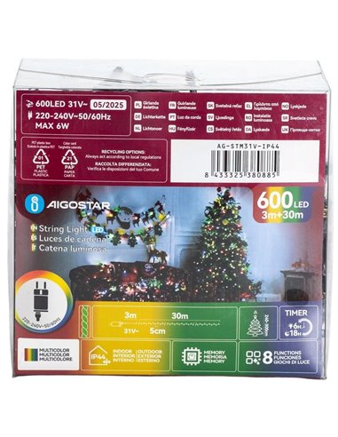 Cordão de luzes LED com 600 LEDs, 30m, baixa tensão, RGBY, 8 funções + memória + temperatura, IP44 para uso interno/externo