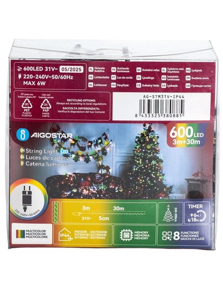 Guirlande lumineuse 600 LED, 30 m, basse tension, RGBY, 8 fonctions + mémoire + température, intérieur/extérieur IP44