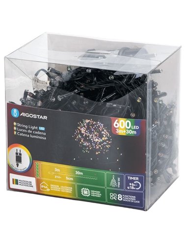 Guirnalda de 600 luces LED de colores 30m bajo voltaje, RGBY,  8 funciones+mem+temp, interior/exterior IP44