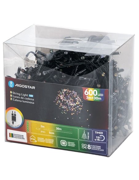 Guirnalda de 600 luces LED de colores 30m bajo voltaje, RGBY,  8 funciones+mem+temp, interior/exterior IP44