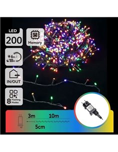 Guirnalda de 200 luces LED de colores 10m bajo voltaje, RGBY, 8 funciones+mem+temp, interior/exterior IP44