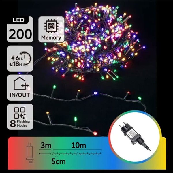 Guirnalda de 200 luces LED de colores 10m bajo voltaje, RGBY, 8 funciones+mem+temp, interior/exterior IP44