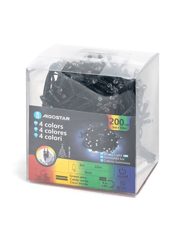 Cordão de luzes LED com 200 LEDs, 10m, baixa tensão, RGBY, 8 funções + memória + temperatura, IP44 para uso interno/externo