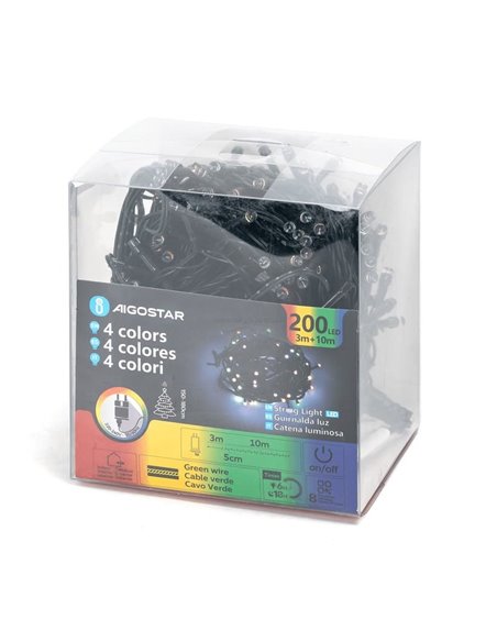 Cordão de luzes LED com 200 LEDs, 10m, baixa tensão, RGBY, 8 funções + memória + temperatura, IP44 para uso interno/externo