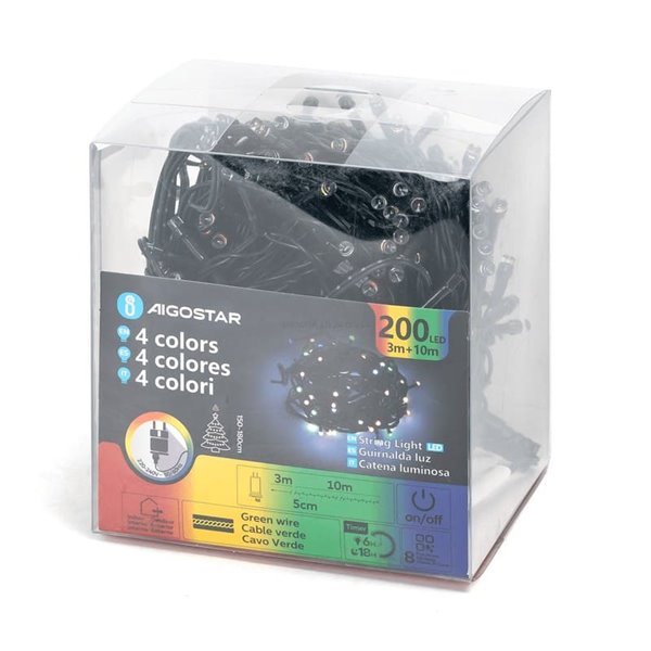 Guirnalda de 200 luces LED de colores 10m bajo voltaje, RGBY, 8 funciones+mem+temp, interior/exterior IP44