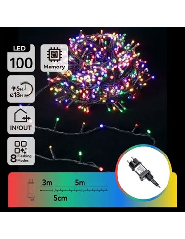 Guirnalda de 100 luces LED de colores 5m bajo voltaje, RGBY, 8 funciones+mem+temp, interior/exterior IP44