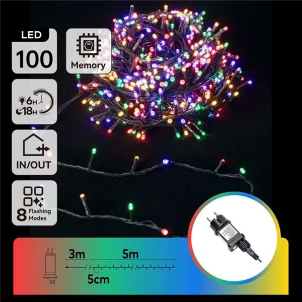 Guirnalda de 100 luces LED de colores 5m bajo voltaje, RGBY, 8 funciones+mem+temp, interior/exterior IP44