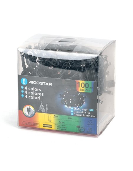 Guirnalda de 100 luces LED de colores 5m bajo voltaje, RGBY, 8 funciones+mem+temp, interior/exterior IP44