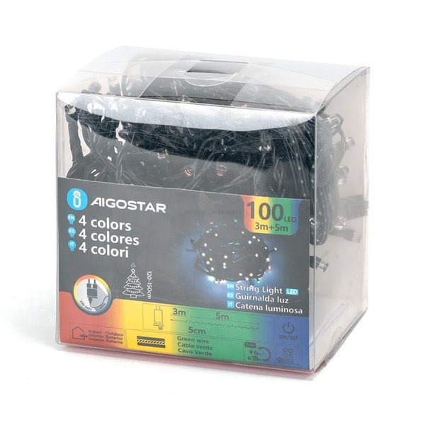 Guirnalda de 100 luces LED de colores 5m bajo voltaje, RGBY, 8 funciones+mem+temp, interior/exterior IP44