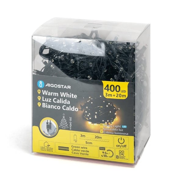 Guirnalda de 400 luces LED planas de bajo voltaje 20m, blanco cálido, 8 funciones+mem+temp, interior/exterior IP44