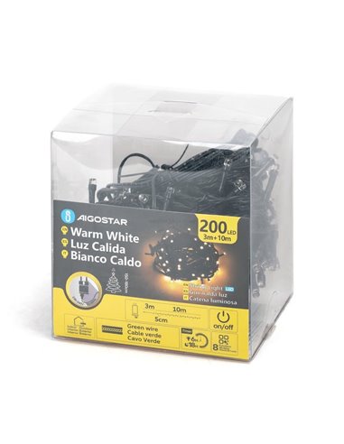 Guirnalda de 200 luces LED planas de bajo voltaje 10m, blanco cálido, 8 funciones+mem+temp, interior/exterior IP44