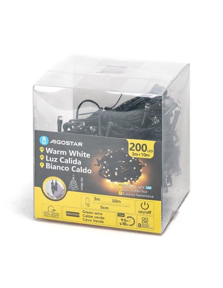 Guirnalda de 200 luces LED planas de bajo voltaje 10m, blanco cálido, 8 funciones+mem+temp, interior/exterior IP44
