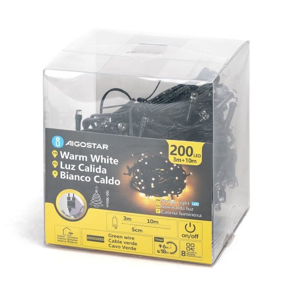 Guirnalda de 200 luces LED planas de bajo voltaje 10m, blanco cálido, 8 funciones+mem+temp, interior/exterior IP44