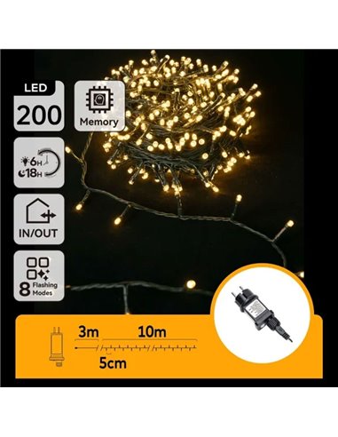 Guirnalda de 200 luces LED planas de bajo voltaje 10m, blanco cálido, 8 funciones+mem+temp, interior/exterior IP44