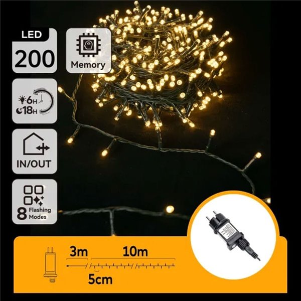 Guirnalda de 200 luces LED planas de bajo voltaje 10m, blanco cálido, 8 funciones+mem+temp, interior/exterior IP44