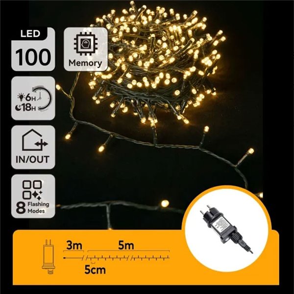Guirnalda de 100 luces LED planas de bajo voltaje 5m, blanco cálido, 8 funciones+mem+temp, interior/exterior IP44