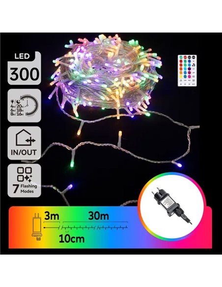 Guirnalda LED de 300 luces de colores RGB 30m de bajo voltaje con mando, 7 modos+temp. IP44