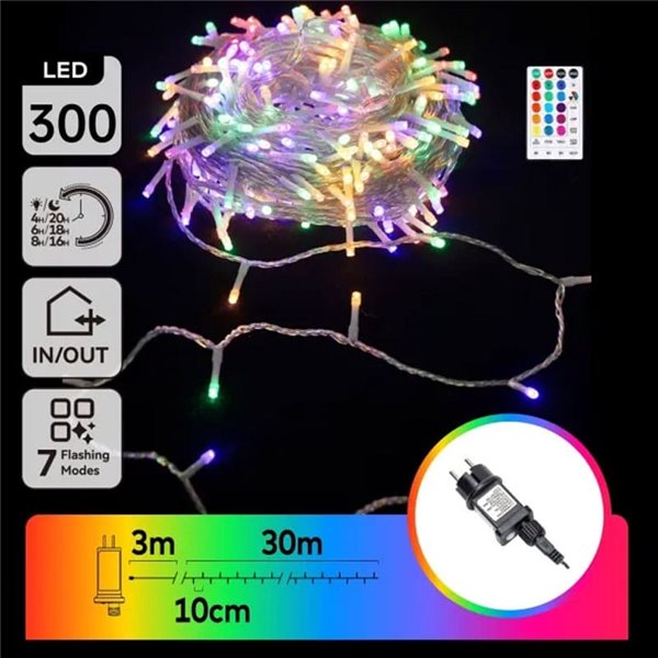 Guirnalda LED de 300 luces de colores RGB 30m de bajo voltaje con mando, 7 modos+temp. IP44