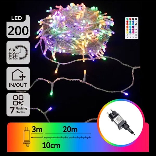 Guirnalda LED de 200 luces de colores RGB 20m de bajo voltaje con mando, 7 modos+temp. IP44