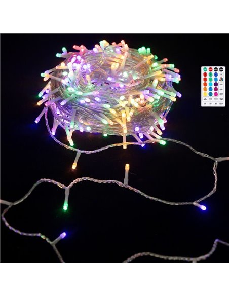 Guirnalda LED de 100 luces de colores RGB 10m de bajo voltaje con mando, 7 modos+temp. IP44