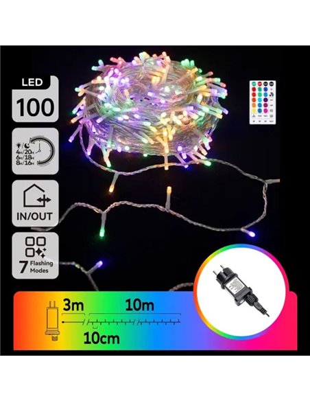 Guirnalda LED de 100 luces de colores RGB 10m de bajo voltaje con mando, 7 modos+temp. IP44