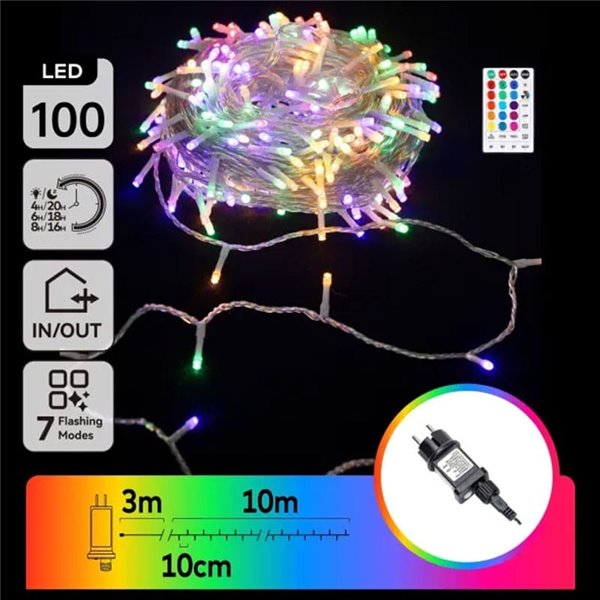 Guirnalda LED de 100 luces de colores RGB 10m de bajo voltaje con mando, 7 modos+temp. IP44