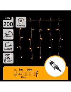 Cortina de 200 luces LED planas tipo carámbano bajo voltaje 10m, 50 tiras, blanco cálido, interior/exterior, IP44