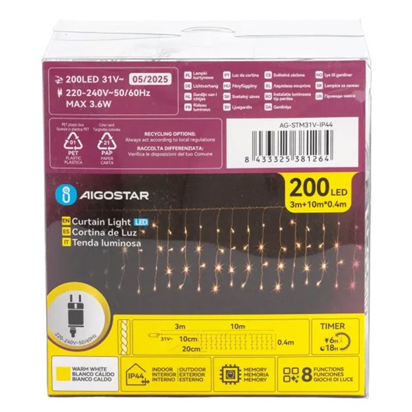 Rideau de 200 LED plates en forme de stalactite, basse tension, 10 m, 50 bandes, blanc chaud, intérieur/extérieur, IP44