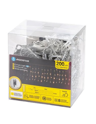 Cortina de 200 luzes LED planas tipo pingente, baixa tensão, 10m, 50 faixas, branco quente, para uso interno/externo, IP44