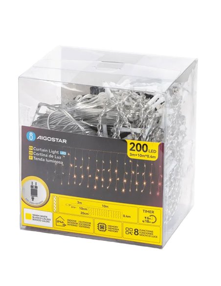 Cortina de 200 luzes LED planas tipo pingente, baixa tensão, 10m, 50 faixas, branco quente, para uso interno/externo, IP44