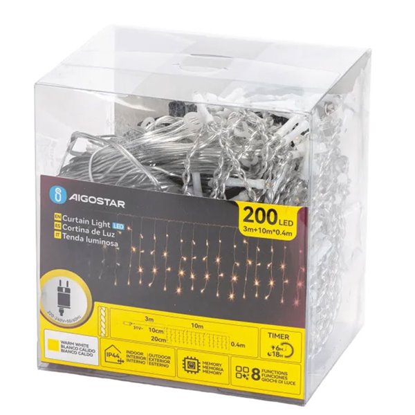 Cortina de 200 luces LED planas tipo carámbano bajo voltaje 10m, 50 tiras, blanco cálido, interior/exterior, IP44