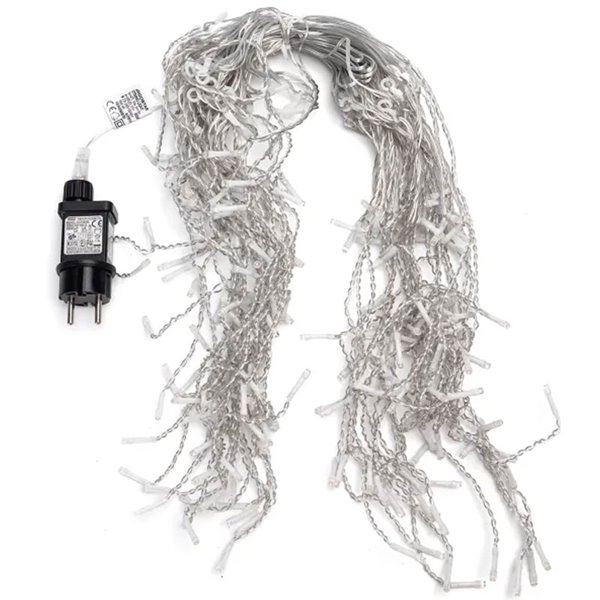 Cortina de 200 luces LED planas tipo carámbano bajo voltaje 10m, 50 tiras, blanco cálido, interior/exterior, IP44