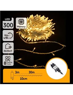 Guirnalda 300 luces LED planas de bajo voltaje 30m, blanco cálido, 8 func+mem+temp, interior, IP44