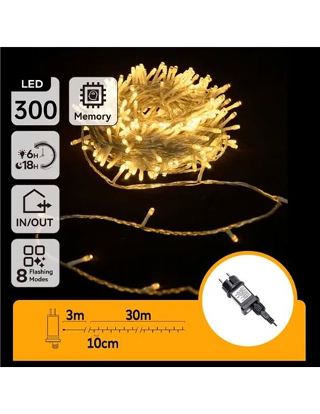 Guirnalda 300 luces LED planas de bajo voltaje 30m, blanco cálido, 8 func+mem+temp, interior, IP44