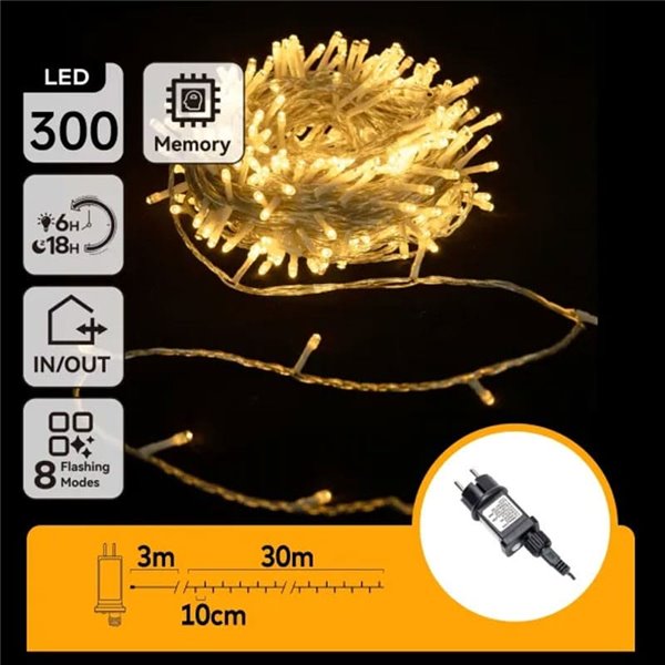 Guirnalda 300 luces LED planas de bajo voltaje 30m, blanco cálido, 8 func+mem+temp, interior, IP44