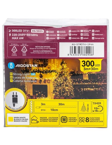 Cordão de luzes LED plano de baixa tensão com 300 LEDs, 30m, branco quente, 8 funções + memória + temperatura, para uso interno,