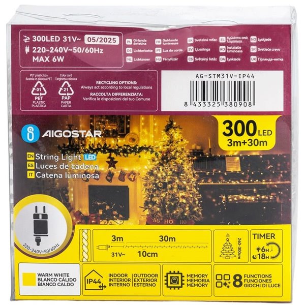 Guirnalda 300 luces LED planas de bajo voltaje 30m, blanco cálido, 8 func+mem+temp, interior, IP44