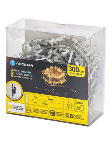 Guirnalda 300 luces LED planas de bajo voltaje 30m, blanco cálido, 8 func+mem+temp, interior, IP44