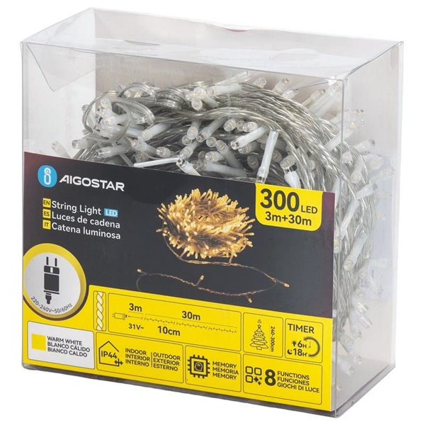 Cordão de luzes LED plano de baixa tensão com 300 LEDs, 30m, branco quente, 8 funções + memória + temperatura, para uso interno,