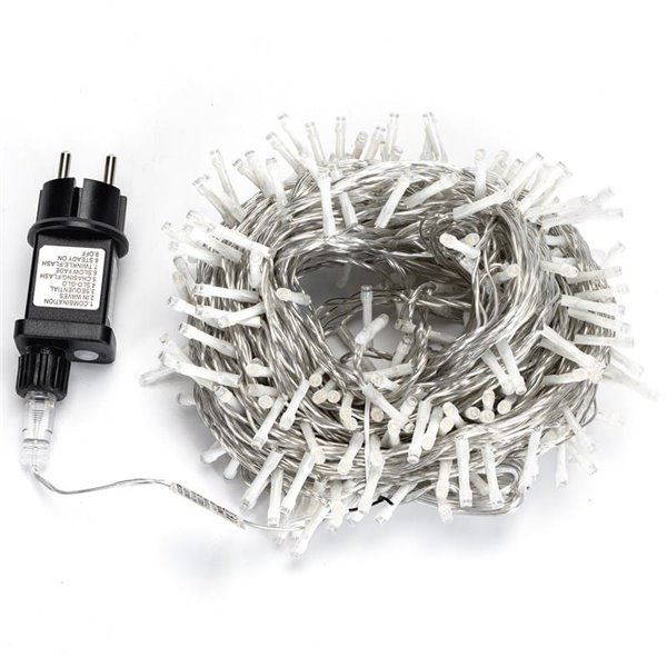 Cordão de luzes LED plano de baixa tensão com 300 LEDs, 30m, branco quente, 8 funções + memória + temperatura, para uso interno,