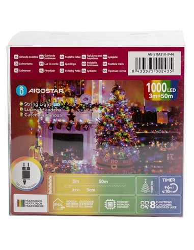 Guirlande lumineuse LED RGBY 1000 LED, 50 m, 8 modes, basse tension, IP44