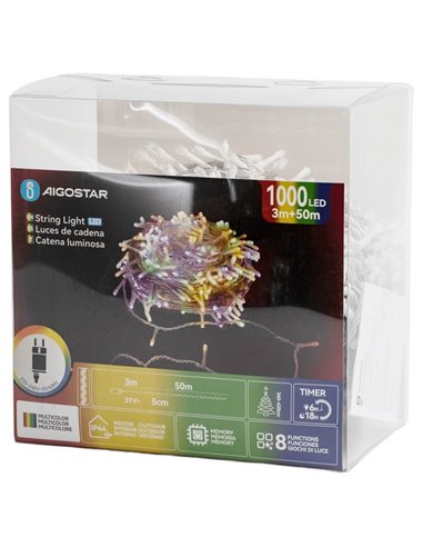 Cordão de luzes LED RGBY com 1000 lâmpadas, 50 metros de comprimento, 8 modos de iluminação, baixa tensão e classificação IP44.